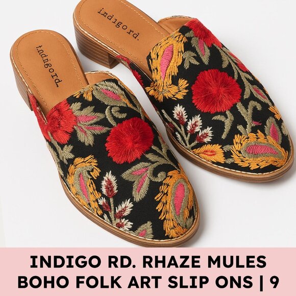 Indigo Rd. Rhayze Embroidered Textile Mules Bohemian Folk Art Slip-On Size 9 - Picture 1 of 14